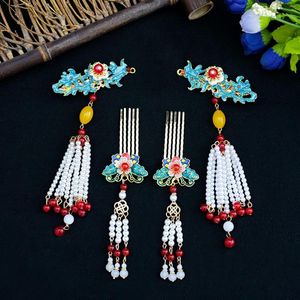 Collier boucles d'oreilles ensemble épingles à cheveux de mariage chinois bijoux pour femmes luxe princesse Hanfu fête cheveux bâton pince gland perle papillon