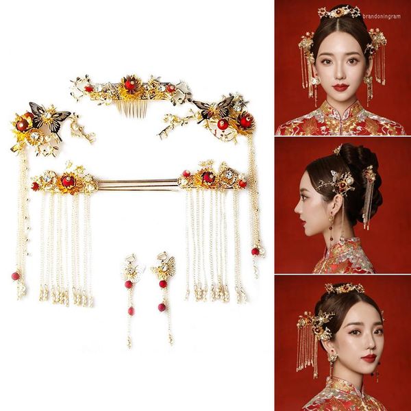 Collier boucles d'oreilles ensemble bijoux de mariage chinois pour femmes cristal rouge gland épingle à cheveux boucle d'oreille traditionnel classique accessoires de cheveux de mariée