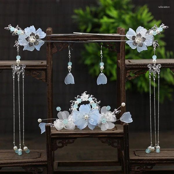 Ensemble de boucles d'oreilles et collier pour filles, bijoux de mariage chinois, pompon Floral, bâton de cheveux, fourchette, décor Hanfu rétro, Clip, diadèmes classiques