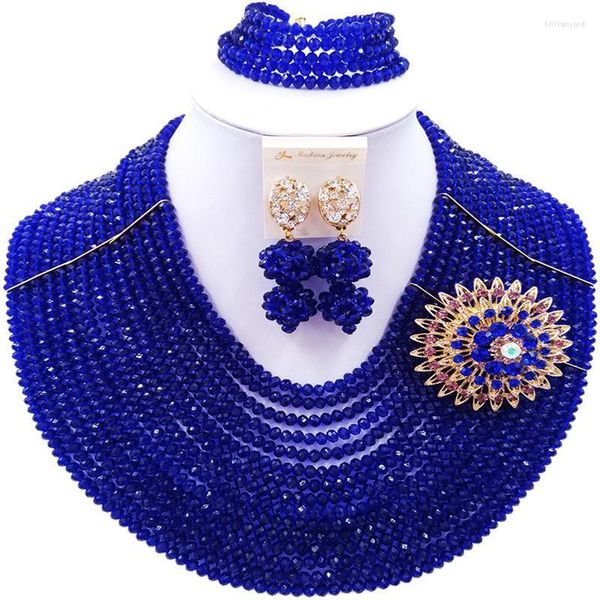 Collier boucles d'oreilles ensemble tour de cou bijoux cristal bleu Royal perles africaines mariage nigérian ensembles de mariée pour femmes boucles d'oreilles Brit22