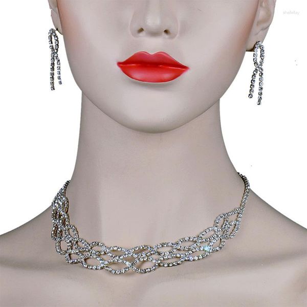 Collier Boucles D'oreilles Ensemble Chran Simple Africain Strass Bijoux Pour Mariée Argent Plaqué Cristal Costume De Bal