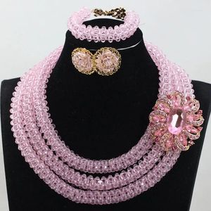 Collier boucles d'oreilles ensemble gros bijoux en perles nigérianes ensembles de perles de cristal bébé rose bijoux de mode perles de mariée faites à la main ABH398