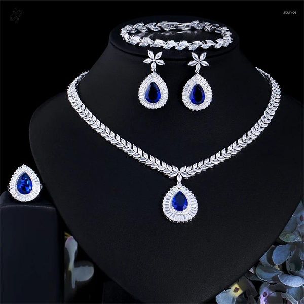 Ensemble de 4 boucles d'oreilles et collier classiques en Zircon carré, goutte d'eau bleue, bague pour robe de soirée, accessoires de chaîne