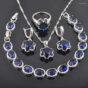 Collier boucles d'oreilles ensemble classique bleu zircone fleur Design pour femmes couleur argent Bracelet pendentif anneau QS0133