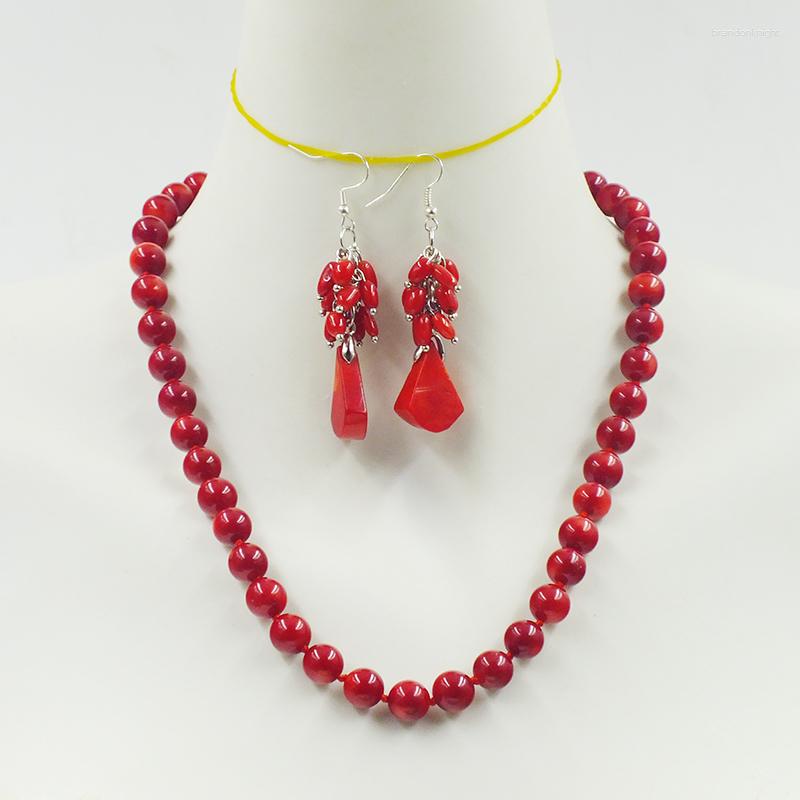 Brincos de colar Jóias clássicas de casamento feminino. Colar de coral vermelho natural de alta qualidade de 9 mm 45cm