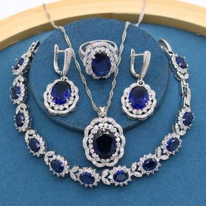 Ketting oorbellen set klassiek enorme blauwe stenen zilveren kleur voor dames armband ring party cadeaubist