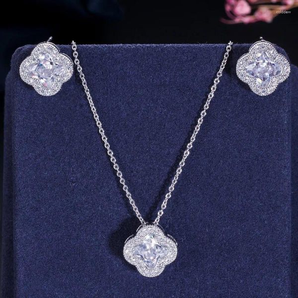 Ensemble collier et boucles d'oreilles classiques en cristal rose blanc bleu pour femmes, pendentif fleur trèfle, accessoires de mariée de mariage ZK40