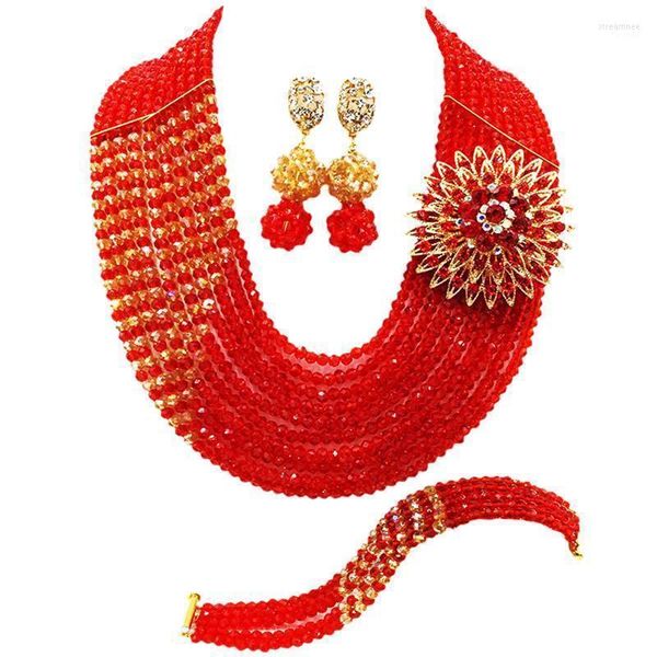 Ensemble collier et boucles d'oreilles classiques rouge et Champagne or, perles de cristal Ab, perles de mariage africaines, bijoux fantaisie Stre22