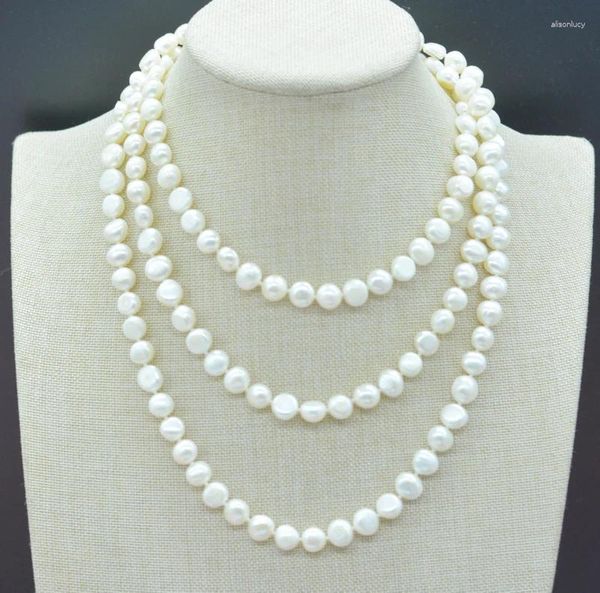 Conjunto de collar y pendientes, cadena clásica para suéter. Collar de Perlas Barrocas Blancas Naturales de 8-9MM. Hermosa joyería de fiesta para mujer 120 CM