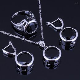 Collier boucles d'oreilles ensemble chic rond noir zircon cubique 925 argent Sterling pour les femmes pendentif chaîne anneau V0007