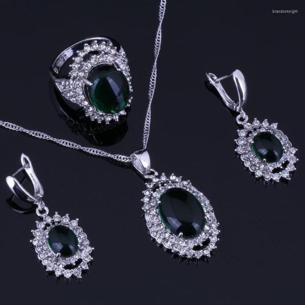 Boucles d'oreilles de collier Set Nettle Green Green Cubic Zirconia White CZ 925 argent sterling pour les femmes Pendants Chain Ring V0269