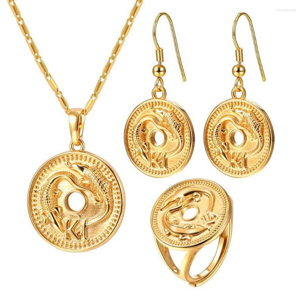 Conjunto de collar y pendientes, moneda de cocodrilo para mujer, Color dorado, juegos de anillos de animales PNG de Papua Guinea S020