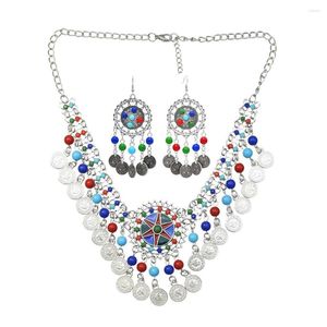 Collier boucles d'oreilles ensemble coloré perle pièce gland tour de cou pour les femmes Vintage gitane Tribal Afghani turquie ethnique robe bijoux