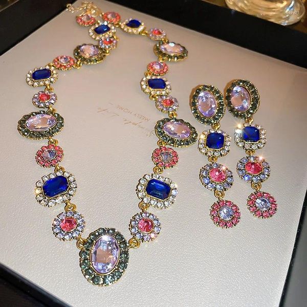 Ensemble de collier et boucles d'oreilles en cristal coloré incrusté de fleurs pour femmes, bijoux Design, vente en gros