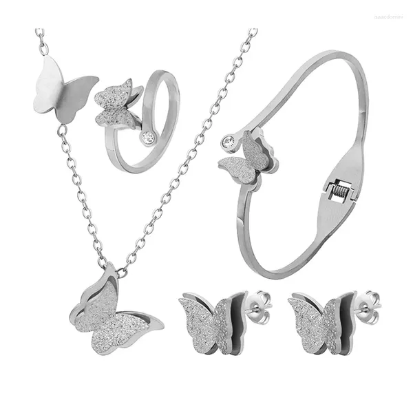 Boucles d'oreilles de collier Set Coloredless en acier inoxydable flexible Bracelet à banc de billette de papillon givré