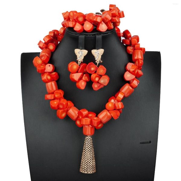 Conjunto de collar y pendientes con cuentas de Coral para mujer, traje de novia y dama de honor, joyería africana de boda nigeriana ABS161