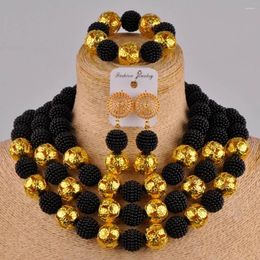 Collier Boucles d'oreilles Set Costume Bijoux africain Noir Perles nig￩rianes Perles simul￩es pour femmes FZZ23