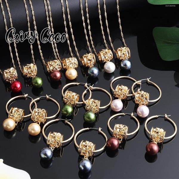 Collar Pendientes Set Cring Coco Hawaiian Multi-color Pearl Hoop Gold Plated Polynesian Plumeria Colgante Collares Para Mujeres