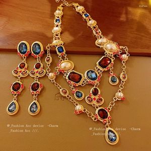 Ketting Oorbellen Set Kristal Ingelegde Parel Druppel Retro Design Sleutelbeenketting Mode Temperament Sieraden Groothandel