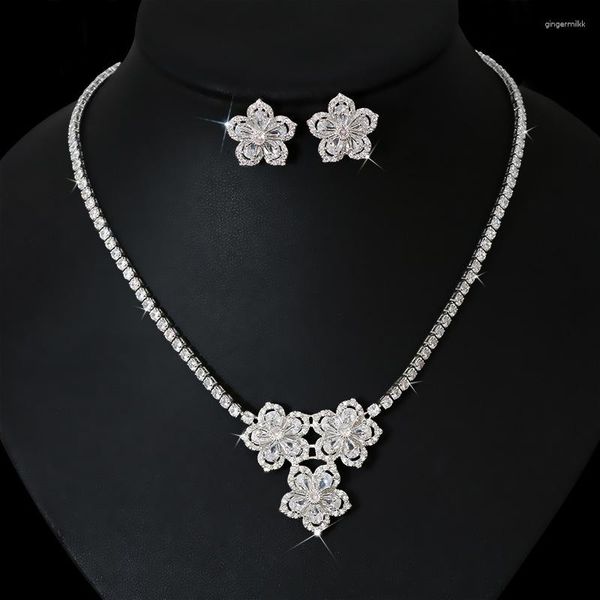 Collier boucles d'oreilles ensemble cubique zircone cristal fleurs pendentif et goujon bijoux pour fête de mariage mariée demoiselle d'honneur