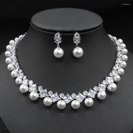 Conjunto de collar y pendientes con circonita cúbica, perla blanca, 2 uds., accesorios elegantes de joyería para boda nupcial para mujer