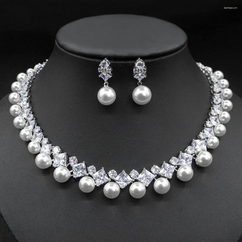 Necklace Earrings Set Cubic Zirconia White Pearl 2 PCS Elegant Bridal Wedding Jewelry Accessories For Women