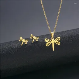 Conjunto de collar y pendientes con diseño de libélula para mujeres y niñas, joyería dorada de acero inoxidable