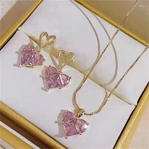 Ensemble de colliers et boucles d'oreilles coréens en forme de cœur rose, pendentif de luxe léger en cristal pour femmes, bijoux à la mode, cadeaux