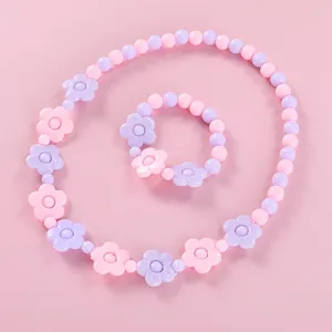 Conjunto de pendientes y collar, conjuntos de pulseras y suéteres para niños con flores de dibujos animados de princesa linda, regalos para niñas, cumpleaños con cuentas coloridas para niños