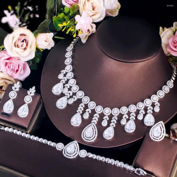 Conjunto de pendientes de collar CWWZircons blanco claro CZ pavimentado colgante borla gota de agua mujeres traje grande grueso para novias boda T711