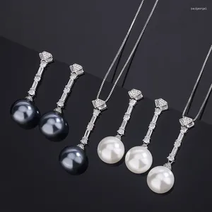 Ketting Oorbellen Set Dagelijks gebruik 14 mm Wit Grijs Schelp Parel Zirkoon Hanger Dangle Dames Sieraden