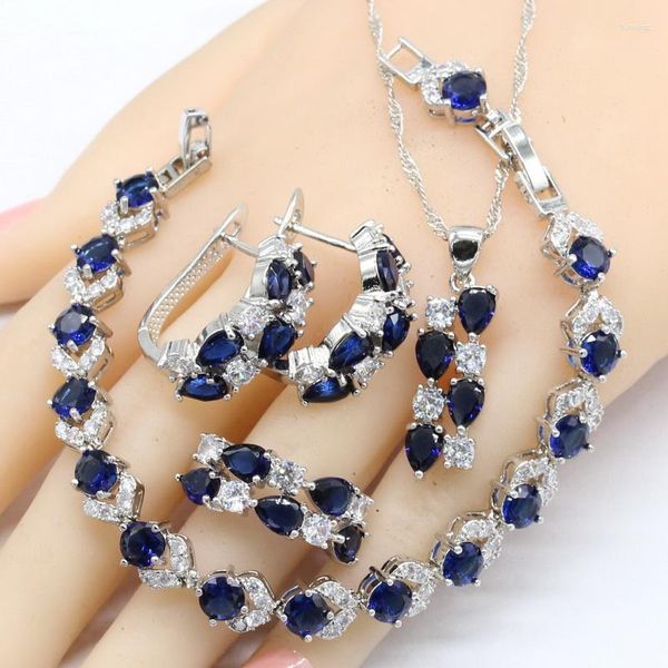 Conjunto de collar y pendientes de Zirconia azul oscuro para mujer, pulsera de aro, anillos, colgante, regalo de cumpleaños