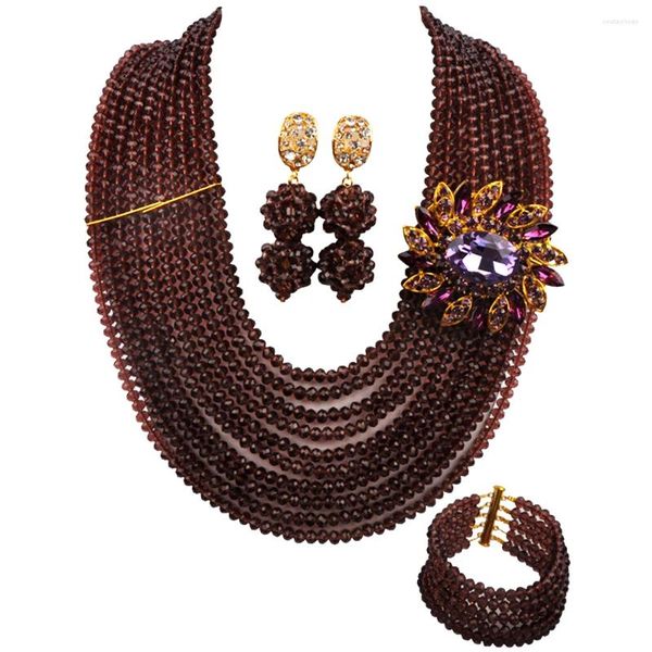 Ensemble collier et boucles d'oreilles violet foncé, bijoux africains, perles de cristal, mariage nigérian