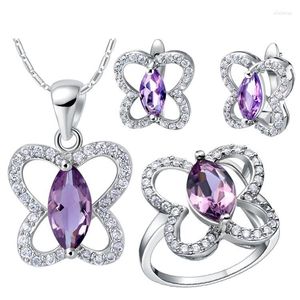 Collier boucles d'oreilles ensemble Design forme papillon violet Zircon or blanc collier/bague/boucles d'oreilles femmes charme romantique T288-7 #