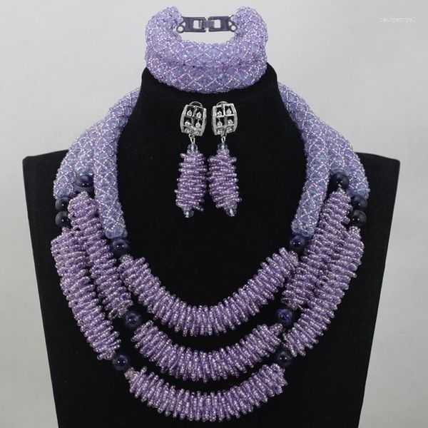 Conjunto de pendientes de collar, diseño de cuentas lilas, joyería de boda, traje grueso, cristal nigeriano africano, conjunto nupcial ABL846