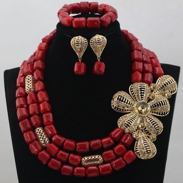 Conjunto de pendientes de collar, diseño de boda nigeriana, cuentas de Coral artificiales, joyería africana nupcial ABL477