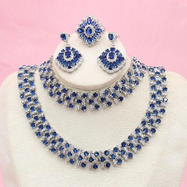 Ensemble de bijoux de mariage pour femmes, collier et boucles d'oreilles, Design de pierres bleu Royal, couleur argent, bague, Bracelet, boîte cadeau