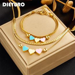 DIEYURO – ensemble collier et boucles d'oreilles en acier inoxydable 316L, Double couche, joli cœur, bracelets pour femme et fille, chaînes 2 en 1 étanches, bijoux