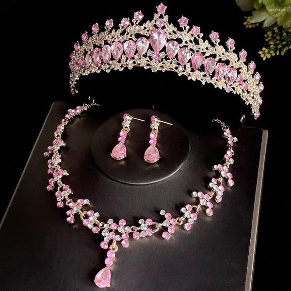 Collier boucles d'oreilles ensemble DIEZI luxe rose violet cristal couronne femmes mariage diadème strass bijoux robe accessoires