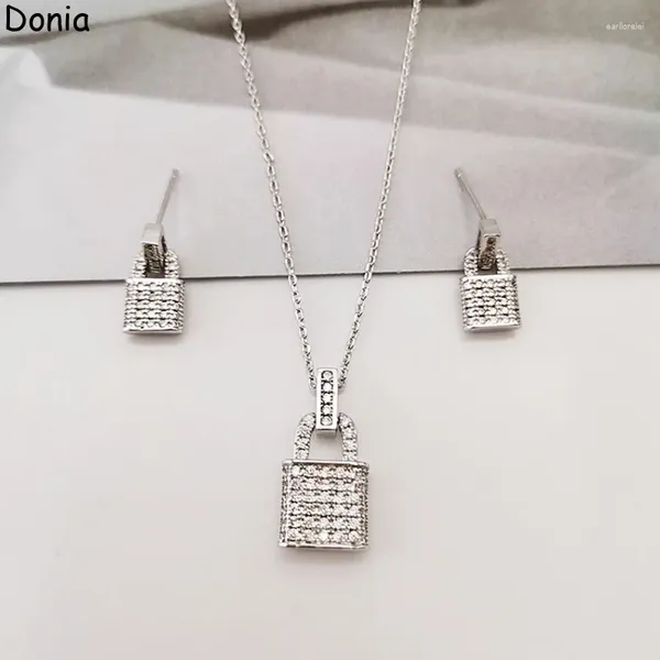 Conjunto de collar y pendientes, joyería Donia, cerradura de personalidad a la moda, acero de titanio, circonita con microincrustaciones, aguja de plata, traje de lujo