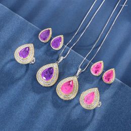 Ensemble de boucles d'oreilles et collier en forme de goutte, violet, rose, Zircon, réglage micro, pendentif CZ, bague réglable, bijoux