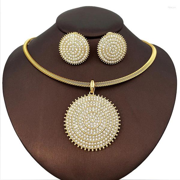 Ensemble de boucles d'oreilles et collier plaqué or 18 carats pour femmes, bijoux de dubaï, pendentif rond en strass, 2 pièces, usage quotidien