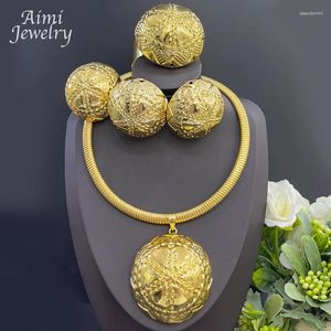 Ketting oorbellen set dubai 24k gouden vergulde sieraden Afrikaanse grote textuurball hanger armband ring vrouwen feestje bruiloft cadeau