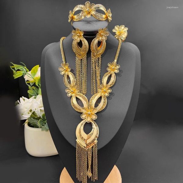 Ensemble de bijoux plaqué or 24 carats pour femmes, collier et boucles d'oreilles, dubaï, vêtements quotidiens et ensembles de bijoux, idées cadeaux pour fête de mariage