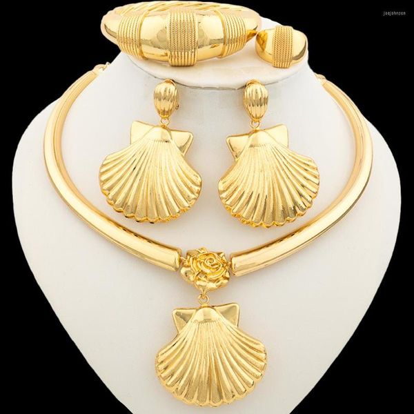 Conjunto de pendientes de collar, joyería de cobre africano de Dubái para mujer, chapado en oro de 18 quilates y con anillo de brazalete, accesorio de diseño de concha