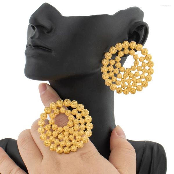 Conjunto de collar y pendientes de Dubái y anillo de joyería para mujer, diseño chapado en oro, Clip para oreja, cóctel, bodas, joyería de novia