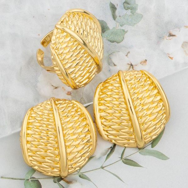 Conjunto de collar y pendientes de Dubái, joyería clásica de Color dorado, anillo grande etíope, accesorios diarios para novia de boda grande de lujo