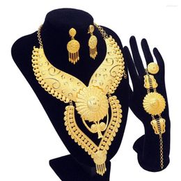 Collier boucles d'oreilles ensemble Dubai Design mariée 24K plaqué or Bracelet bague F femme africaine pour les femmes