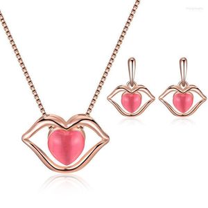 Collier boucles d'oreilles ensemble dubaï pour les femmes 2022 coeur opale flammes lèvres rouges pendentif collier boucles d'oreilles mariée bijoux goutte