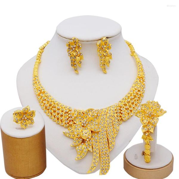 Collier boucles d'oreilles ensemble Dubai or couleur cadeaux de mariée africaine pour les femmes saoudien arabe Bracelet anneau bijoux uniques